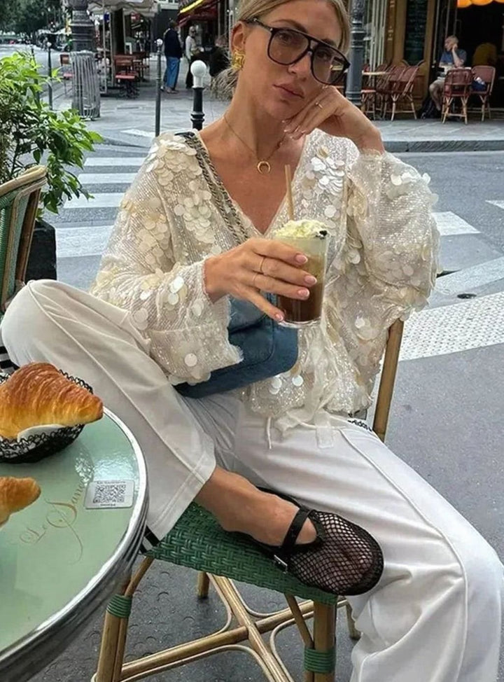 Women's Ivory Disc Paillette Long-Sleeve Wrap Sequin Blouse