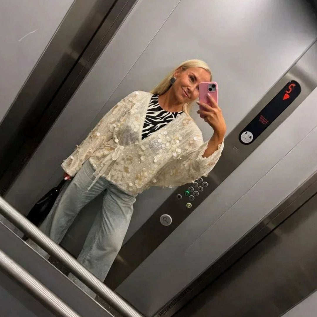 Women's Ivory Disc Paillette Long-Sleeve Wrap Sequin Blouse