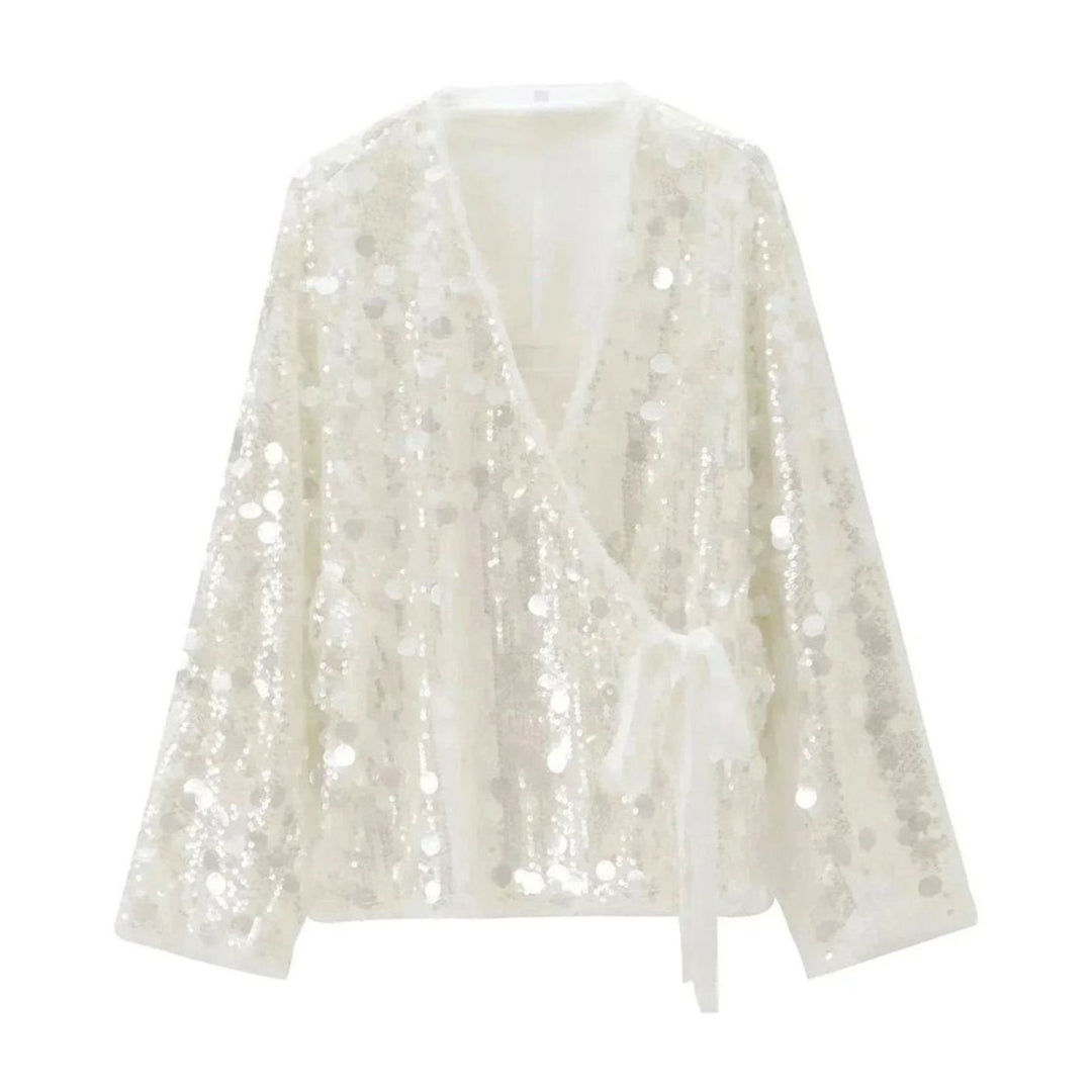 Women's Ivory Disc Paillette Long-Sleeve Wrap Sequin Blouse