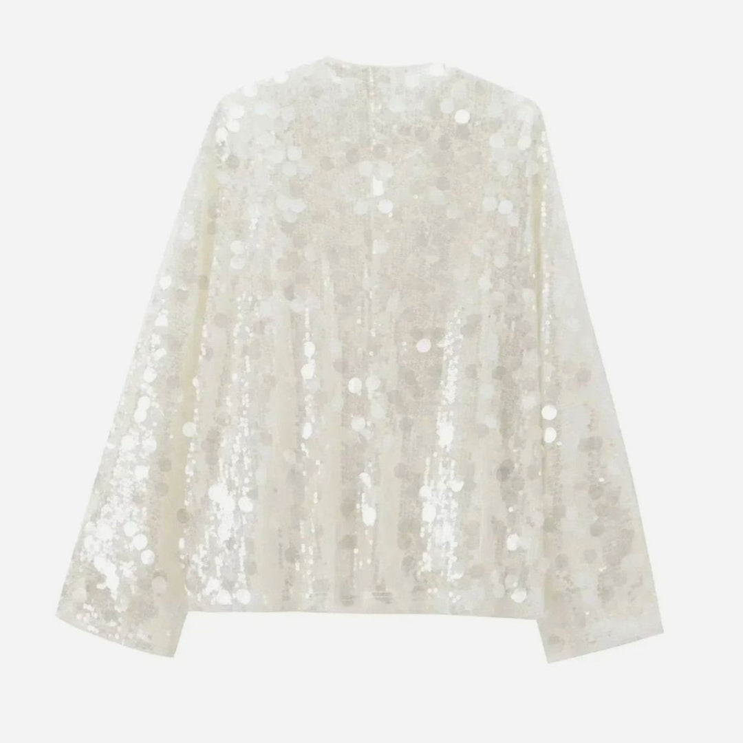 Women's Ivory Disc Paillette Long-Sleeve Wrap Sequin Blouse