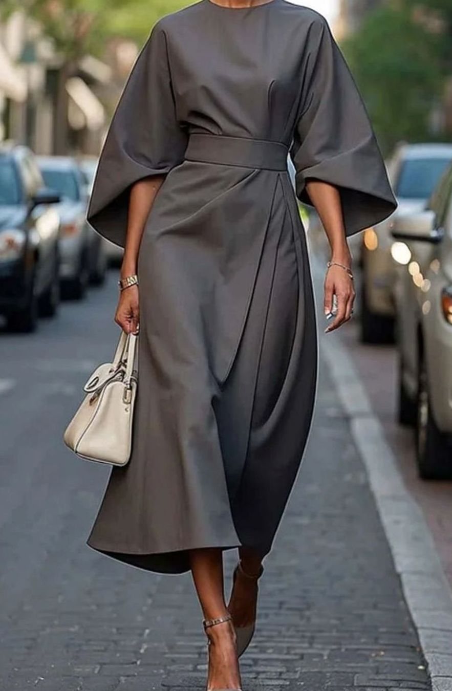 Women's Kimono Sleeve Belted Wrap Midi Dress
