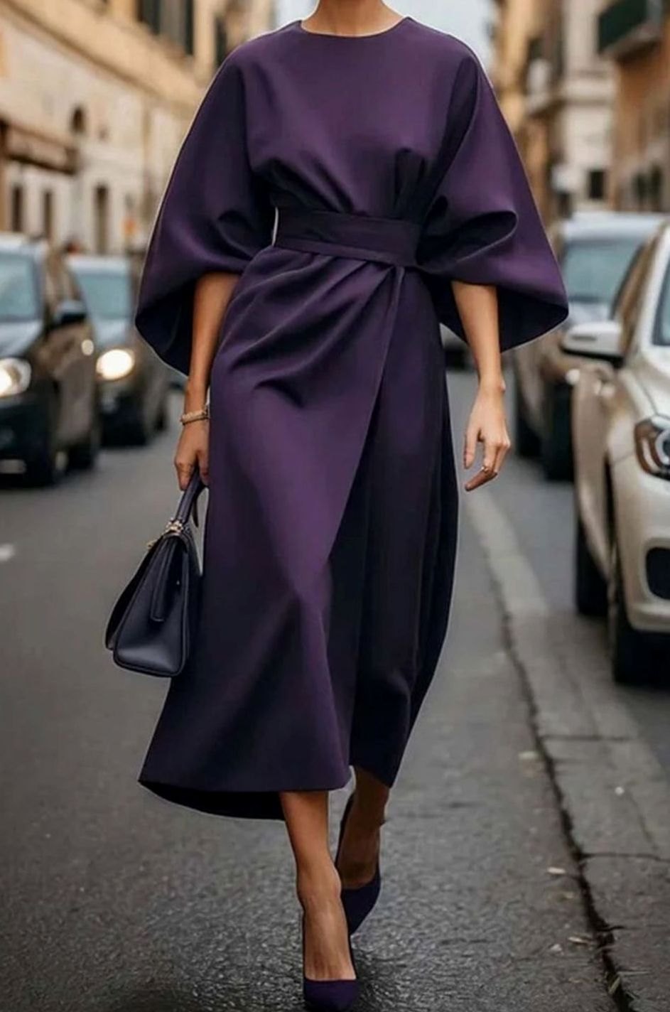 Women's Kimono Sleeve Belted Wrap Midi Dress