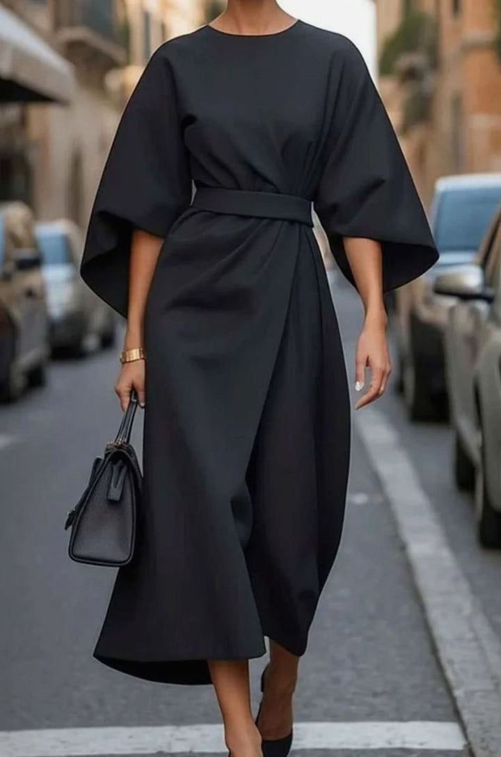 Women's Kimono Sleeve Belted Wrap Midi Dress, Black