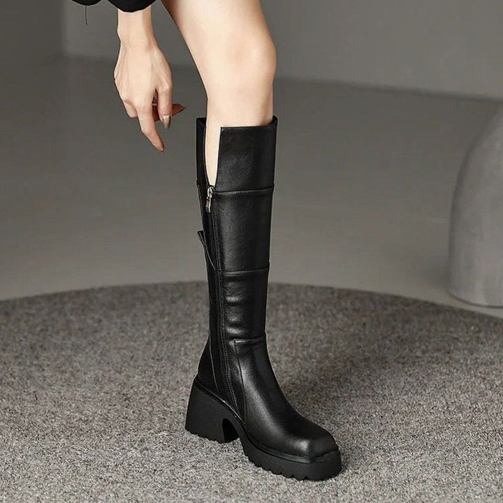 Women's Knee-High Block-Heel Platform Zip-Up Faux Leather Boots