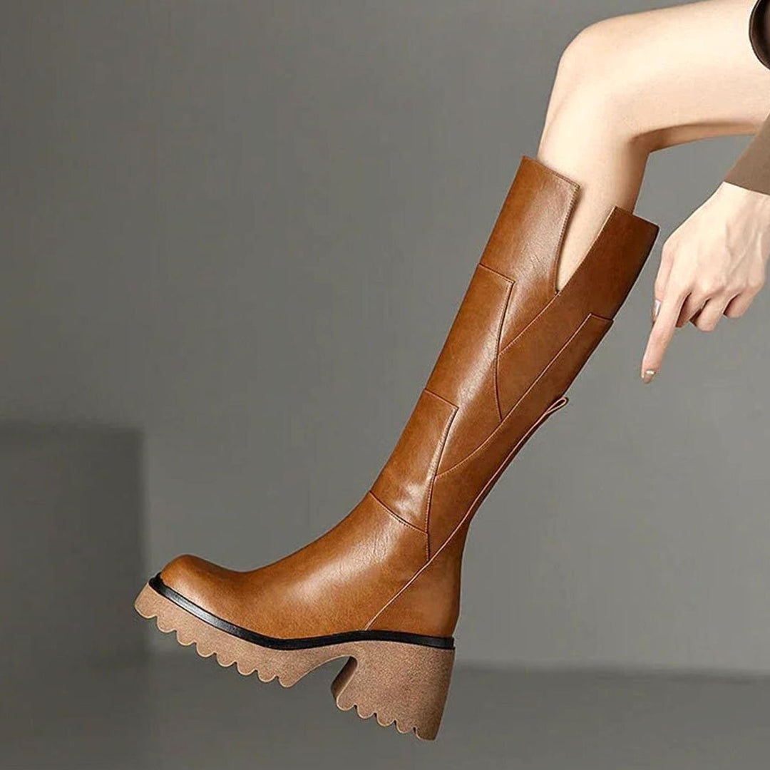 Women's Knee-High Block-Heel Platform Zip-Up Faux Leather Boots