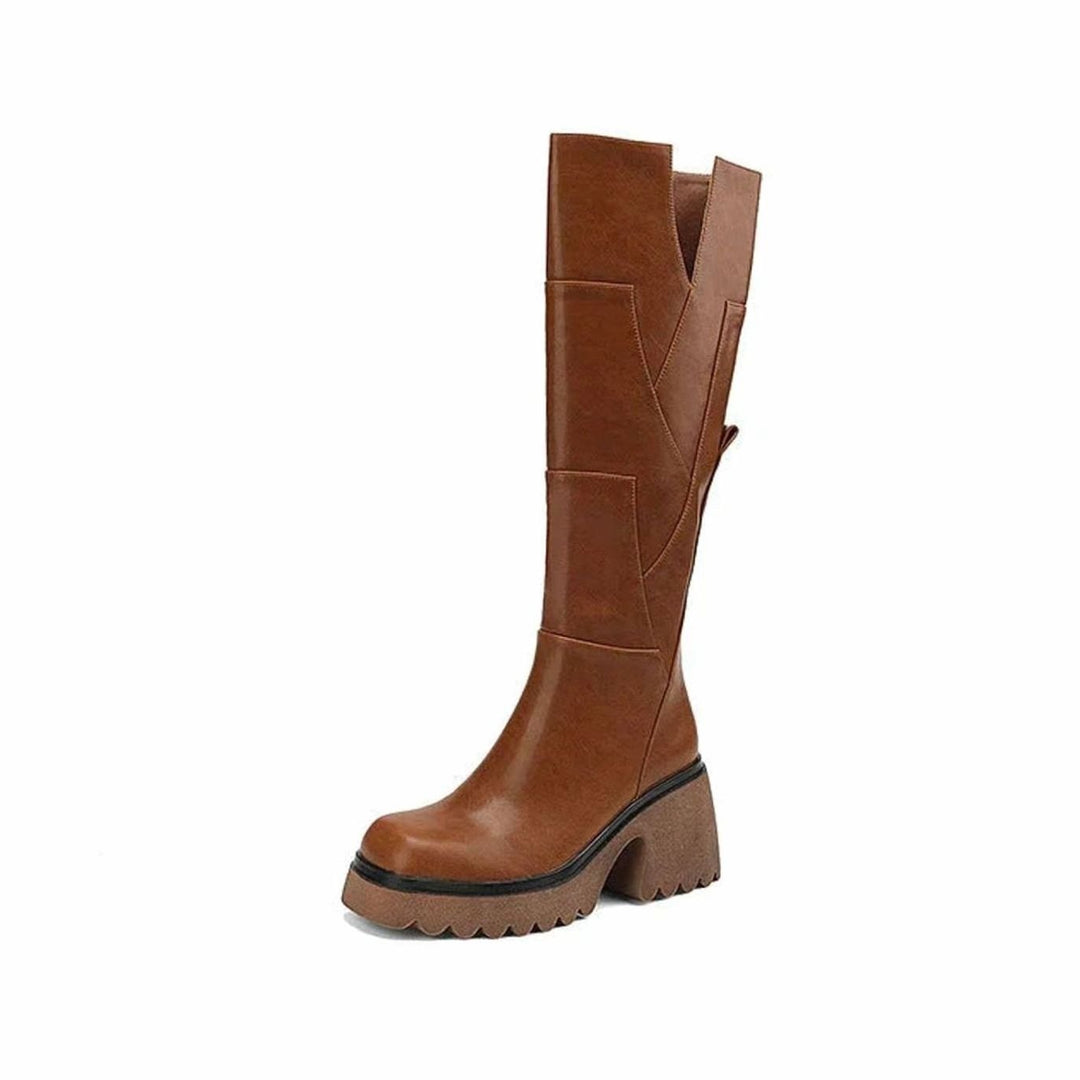 Women's Knee-High Block-Heel Platform Zip-Up Faux Leather Boots