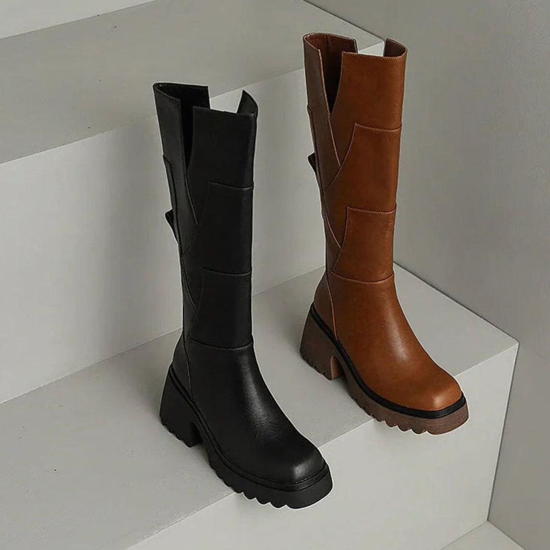Women's Knee-High Block-Heel Platform Zip-Up Faux Leather Boots
