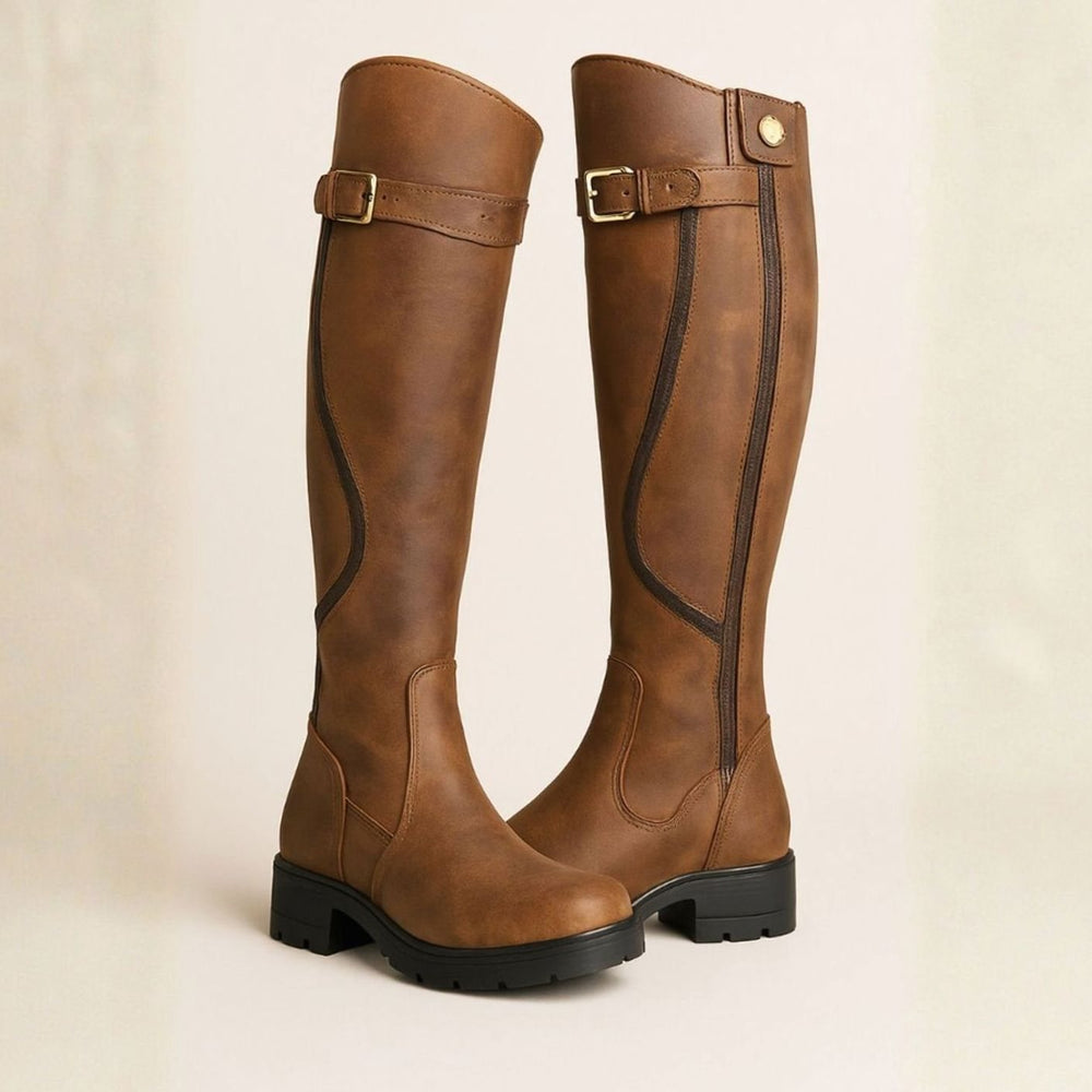 Women's Knee-High Block Heel Riding Boots Gold Buckle Lug Sole - Brown