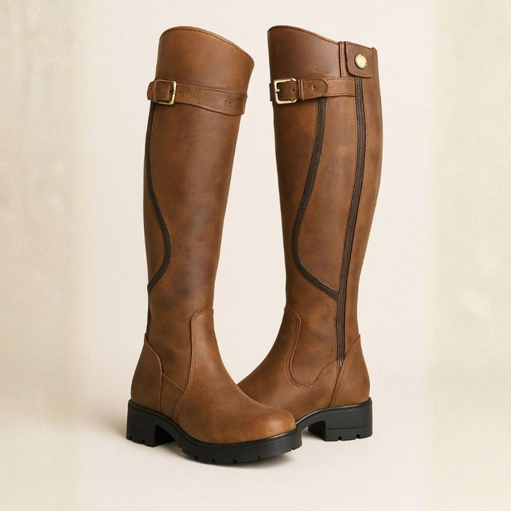 Women's Knee-High Block Heel Riding Boots Gold Buckle Lug Sole - Brown