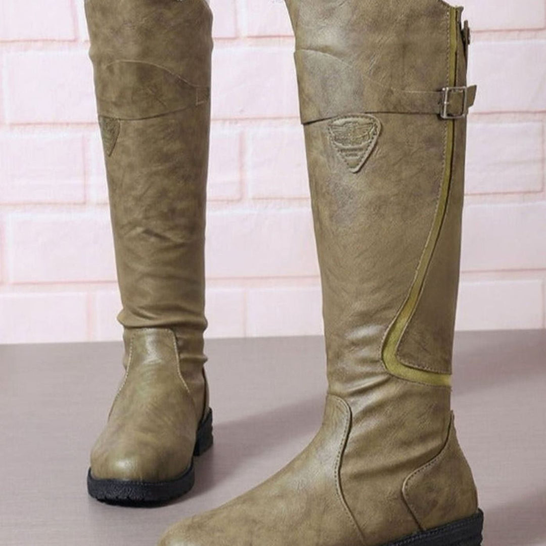 Women's Knee-High Block Heel Riding Boots Gold Buckle Lug Sole - Green