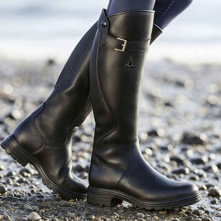 Women's Knee-High Block Heel Riding Boots Gold Buckle Lug Sole - Black
