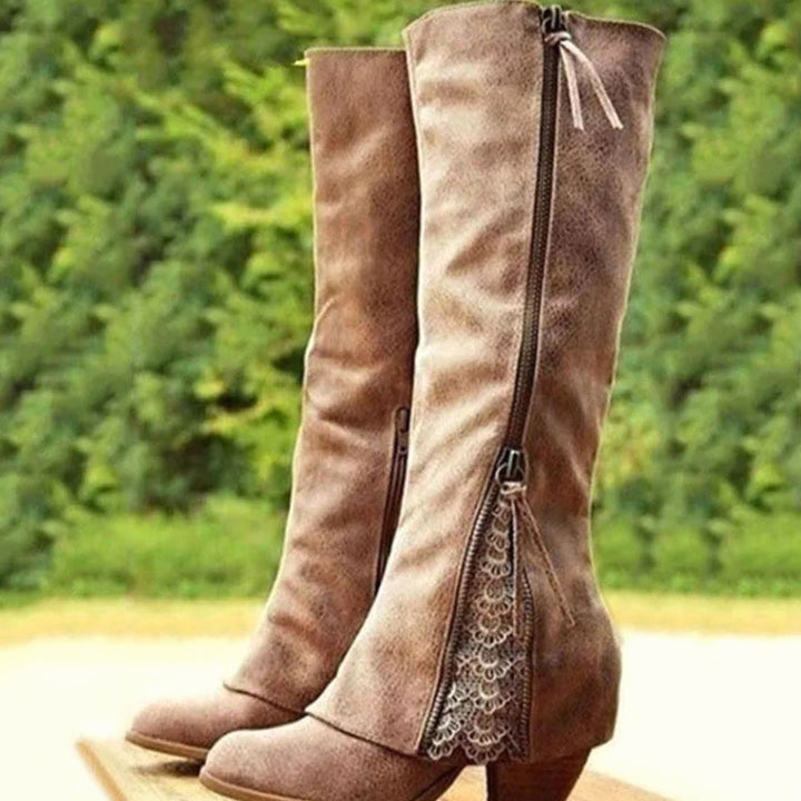 Women's Knee-High Block-Heel Side-Zip Lace-Trim Boots - Brown