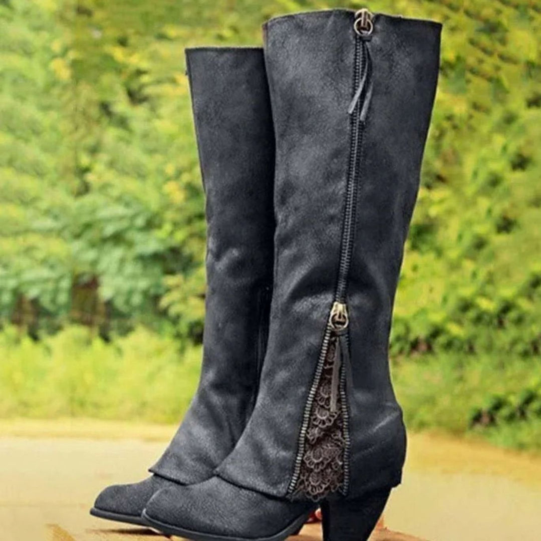 Women's Knee-High Block-Heel Side-Zip Lace-Trim Boots - Black
