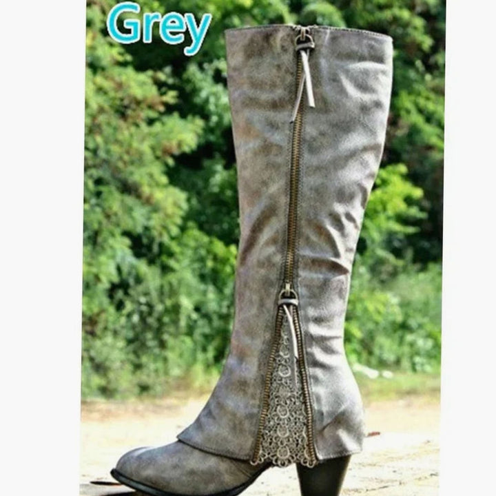 Women's Knee-High Block-Heel Side-Zip Lace-Trim Boots - Grey