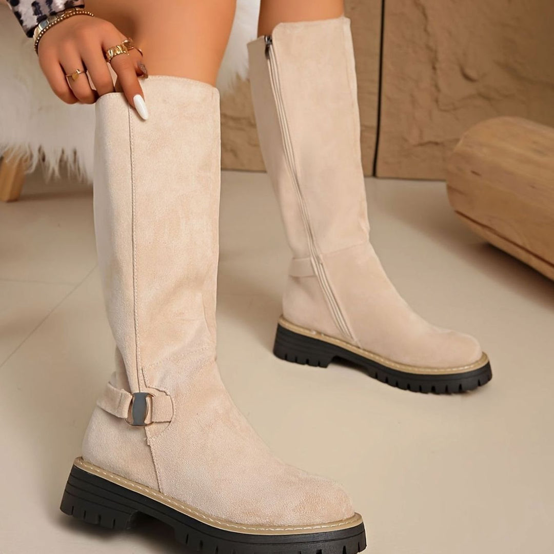Women's Knee-High Block-Heel Suede-Effect Side-Zip Boots - Beige