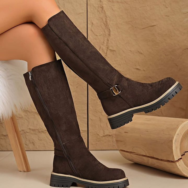 Women's Knee-High Block-Heel Suede-Effect Side-Zip Boots - Coffee