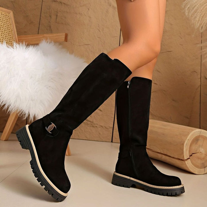Women's Knee-High Block-Heel Suede-Effect Side-Zip Boots - Black