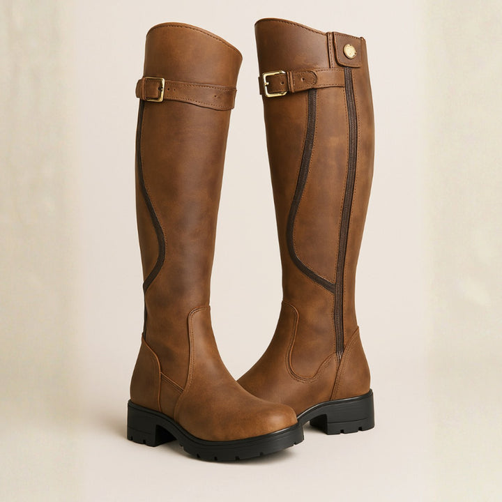 Women's Knee-High Buckle-Detail Riding Boots - Brown