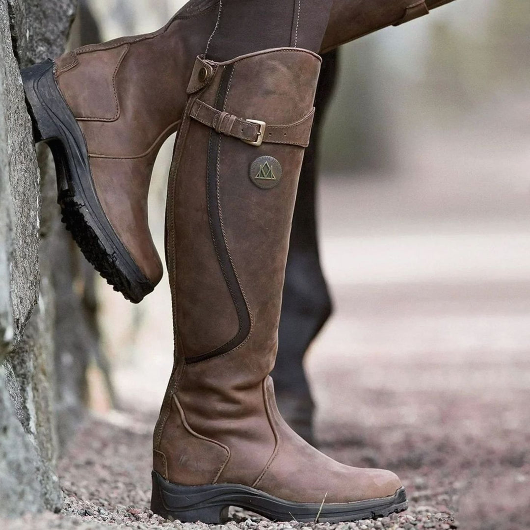 Women's Knee-High Buckle-Detail Riding Boots - Dark Brown