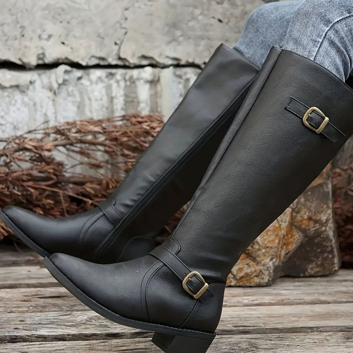 Women's Knee-High Double-Buckle Block-Heel Riding Boots