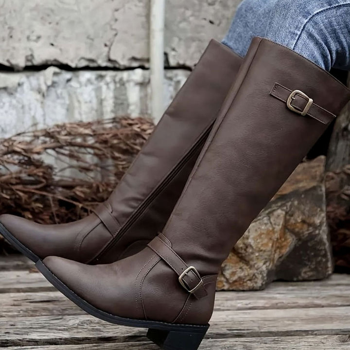 Women's Knee-High Double-Buckle Block-Heel Riding Boots