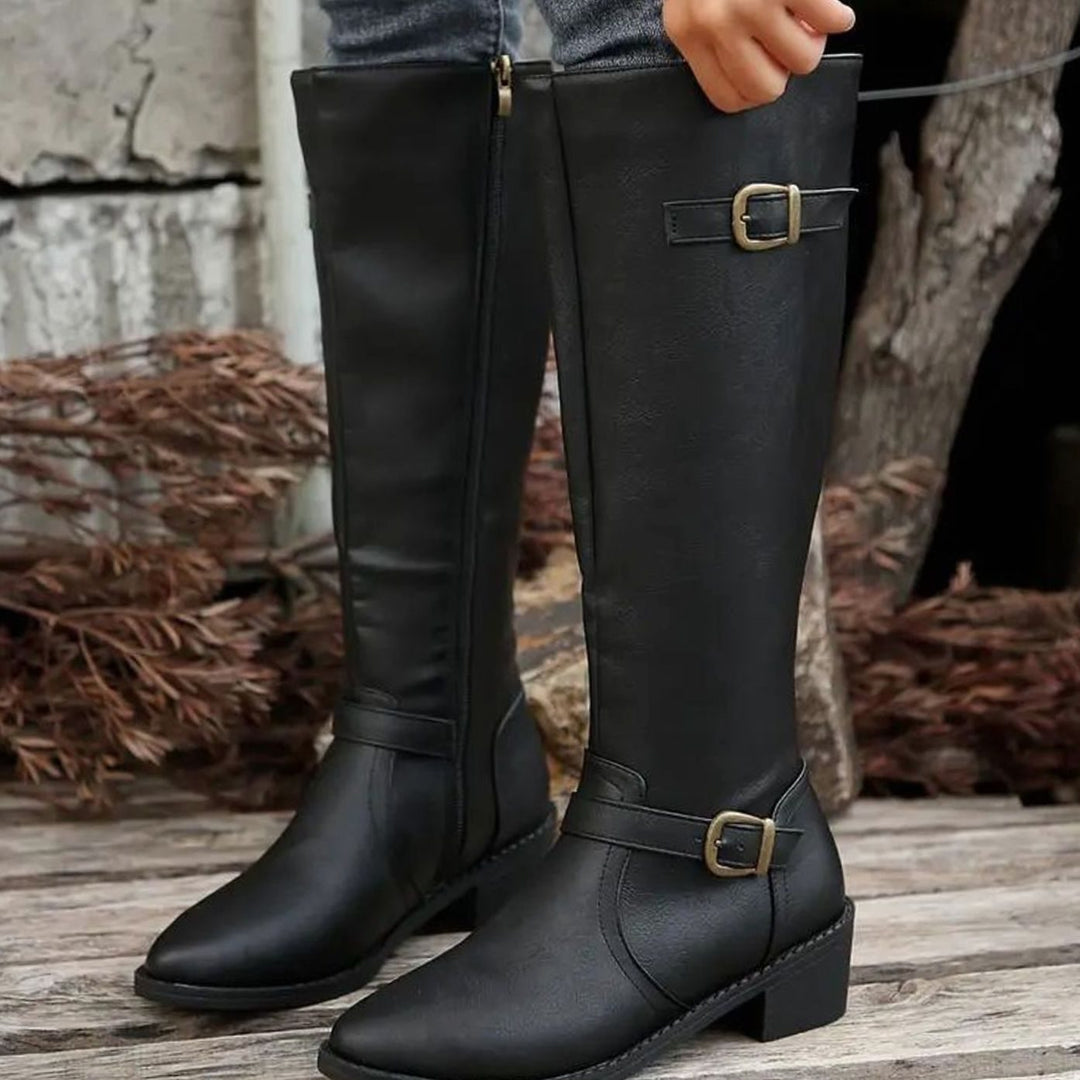 Women's Knee-High Double-Buckle Block-Heel Riding Boots