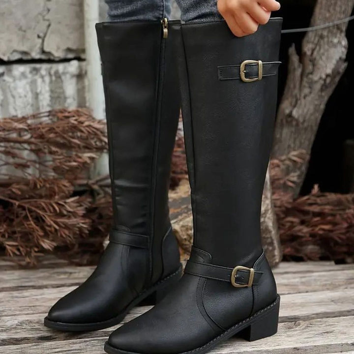 Women's Knee-High Double-Buckle Block-Heel Riding Boots