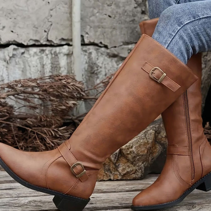 Women's Knee-High Double-Buckle Block-Heel Riding Boots