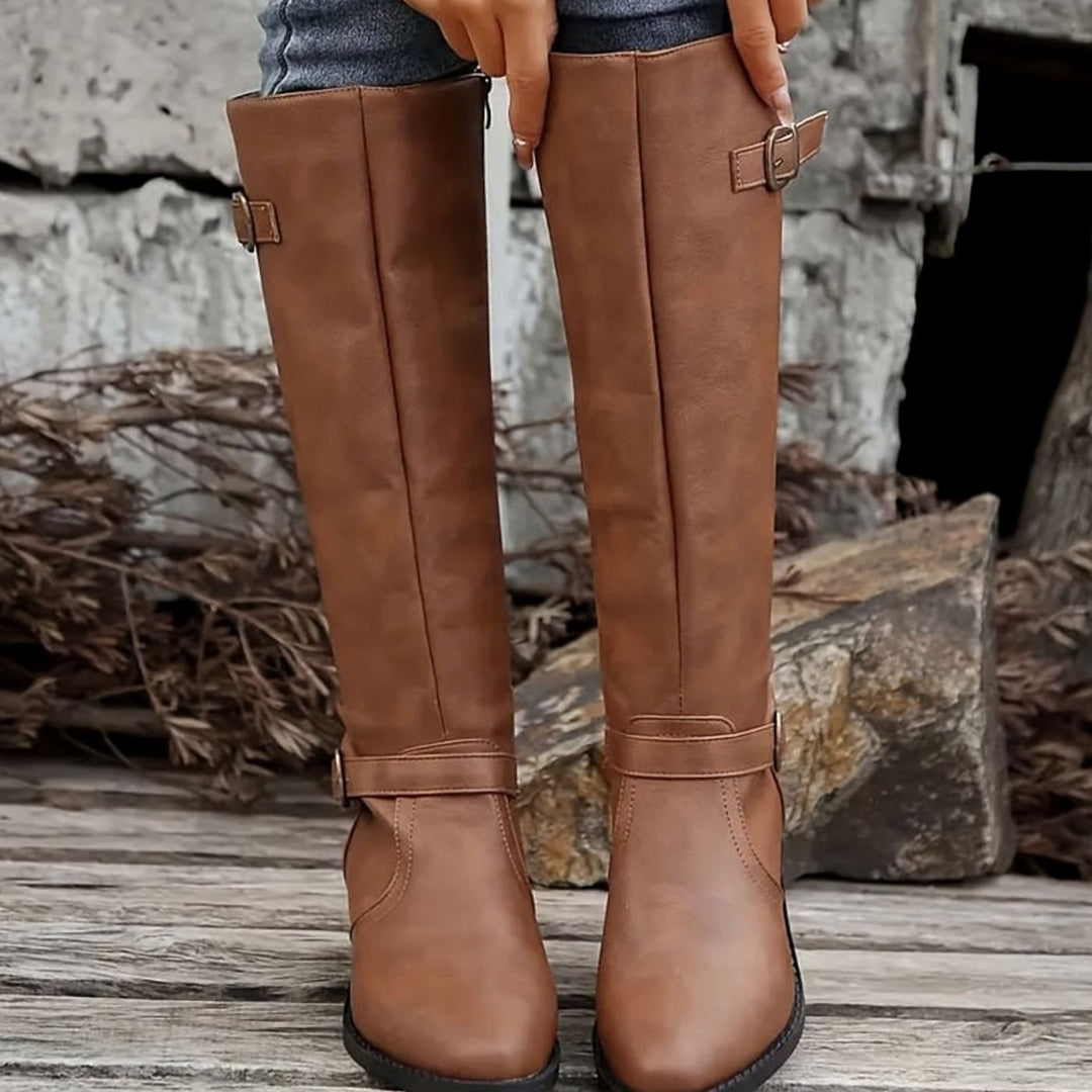 Women's Knee-High Double-Buckle Block-Heel Riding Boots - Brown