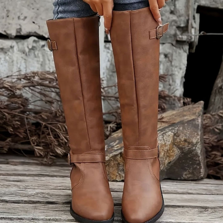 Women's Knee-High Double-Buckle Block-Heel Riding Boots - Brown