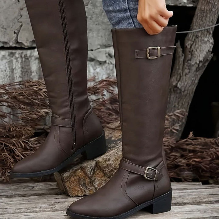 Women's Knee-High Double-Buckle Block-Heel Riding Boots