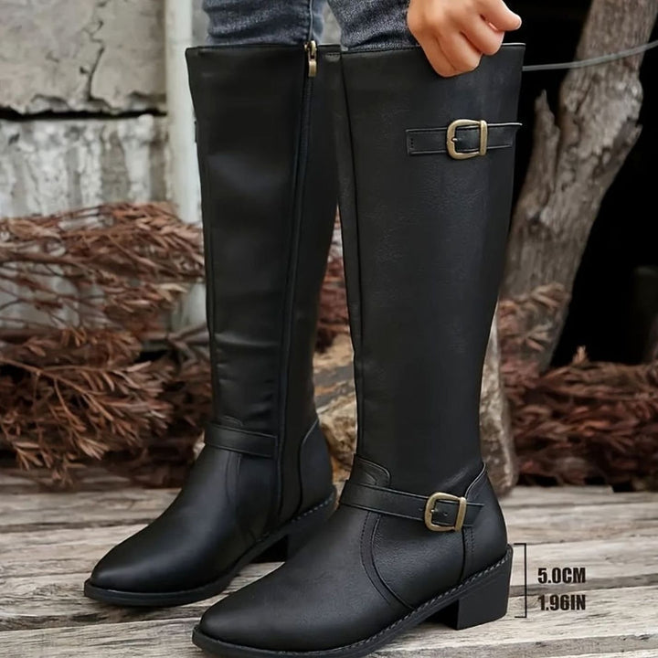 Women's Knee-High Double-Buckle Block-Heel Riding Boots - Black