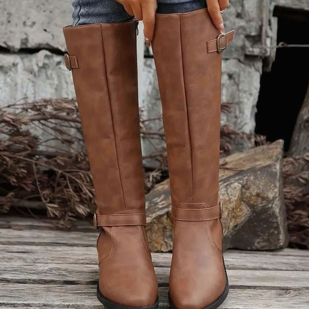 Women's Knee-High Double-Buckle Block-Heel Riding Boots