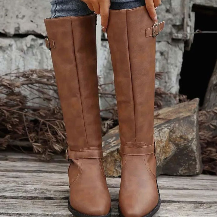 Women's Knee-High Double-Buckle Block-Heel Riding Boots