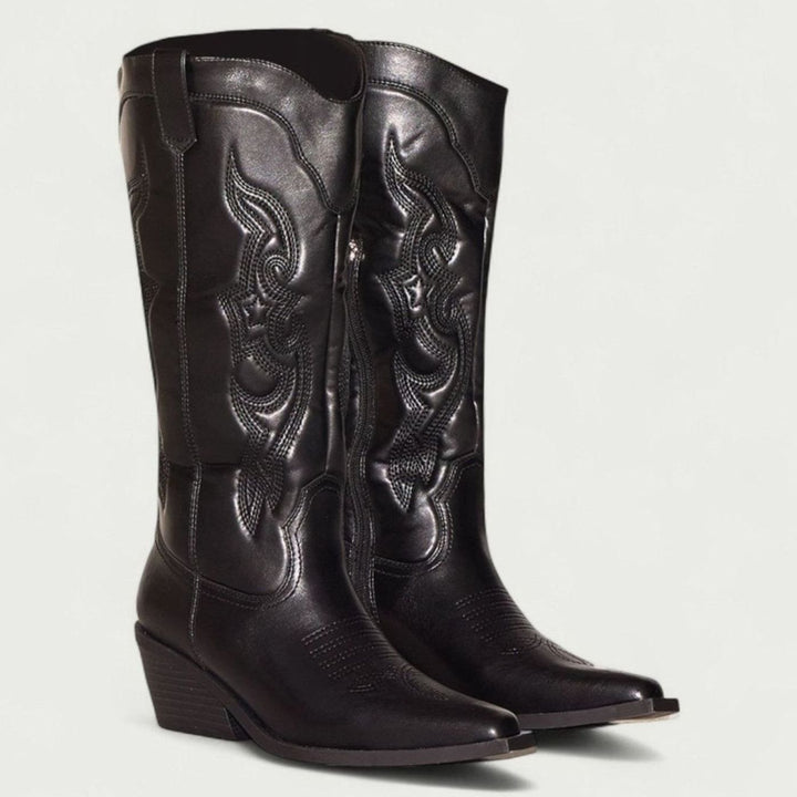 Women's Knee-High Embroidered Heeled Cowboy Boots Pointed Toe - Black