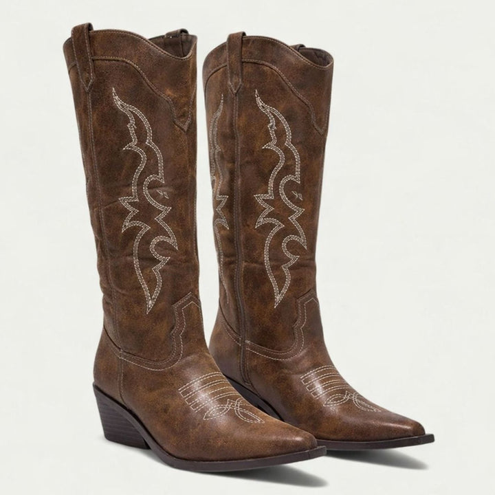 Women's Knee-High Embroidered Heeled Cowboy Boots Pointed Toe - Brown
