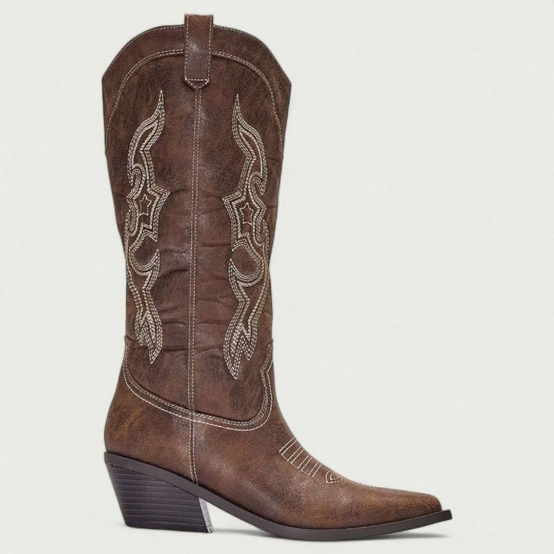 Women's Knee-High Embroidered Heeled Cowboy Boots Pointed Toe