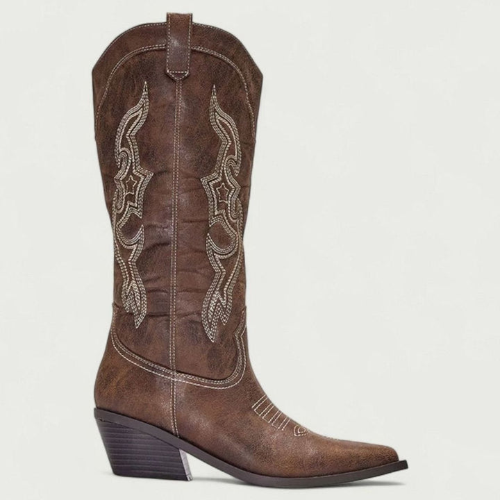 Women's Knee-High Embroidered Heeled Cowboy Boots Pointed Toe