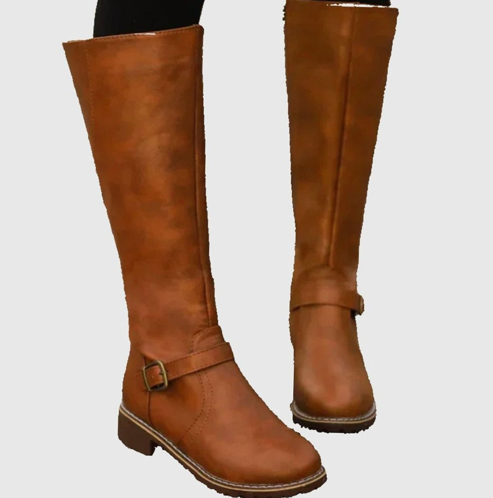 Women's Knee-High Faux Leather Buckle Strap Riding Boots