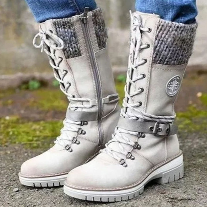 Women's Knee-High Lace-Up Snow Boots Knit Cuff Buckle Strap