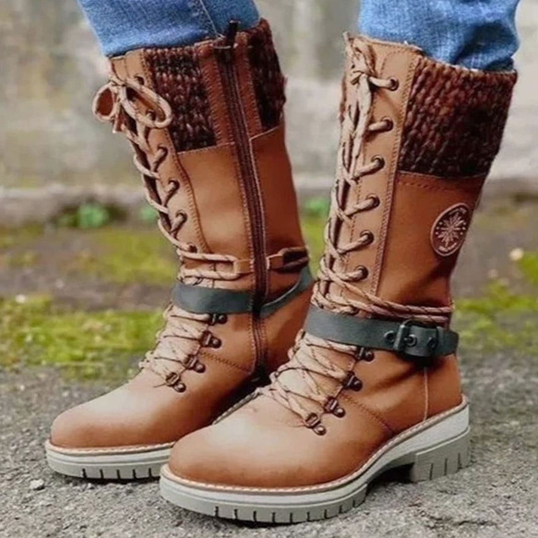 Women's Knee-High Lace-Up Snow Boots Knit Cuff Buckle Strap