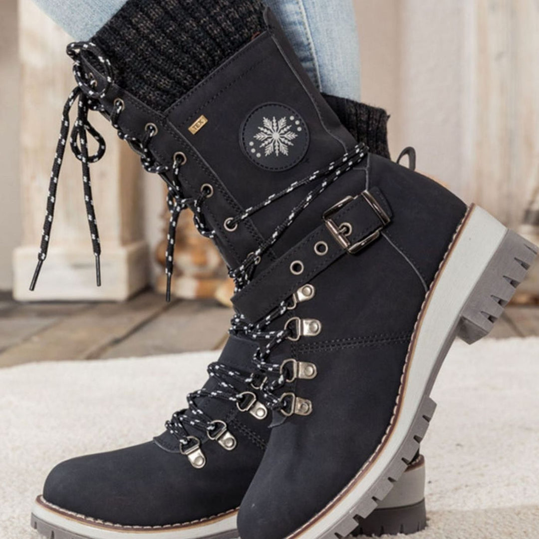 Women's Knee-High Lace-Up Snow Boots Knit Cuff Buckle Strap