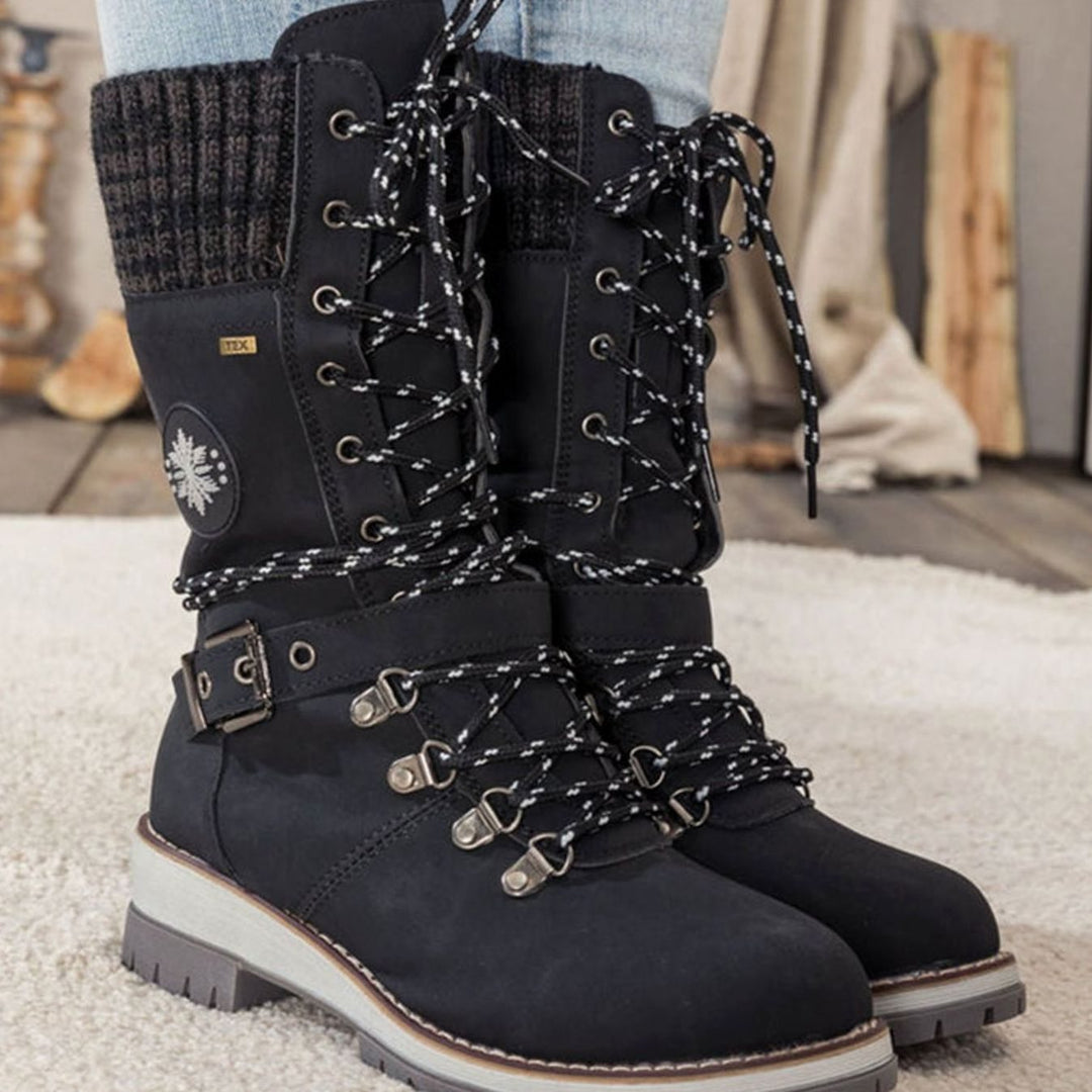 Women's Knee-High Lace-Up Snow Boots Knit Cuff Buckle Strap