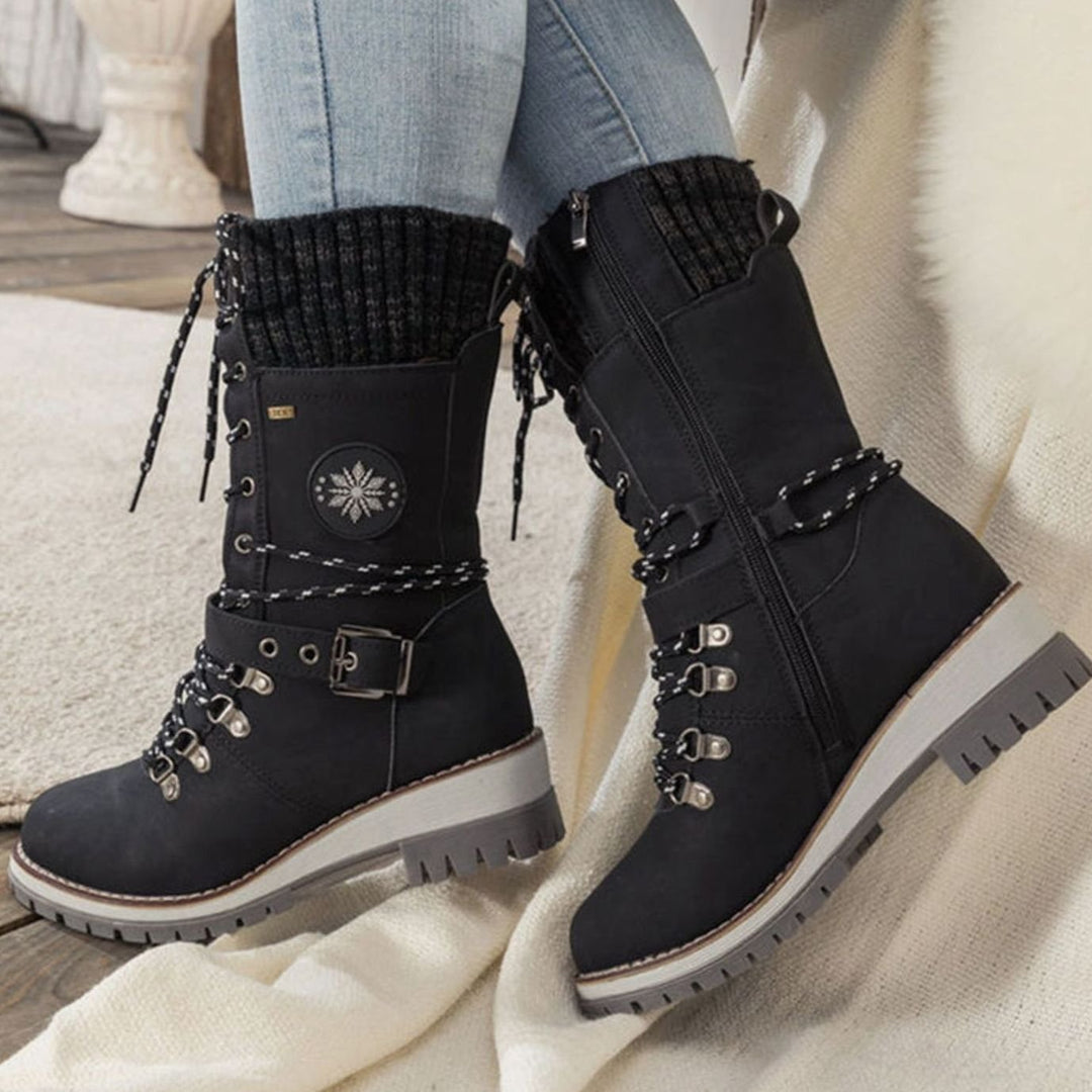 Women's Knee-High Lace-Up Snow Boots Knit Cuff Buckle Strap
