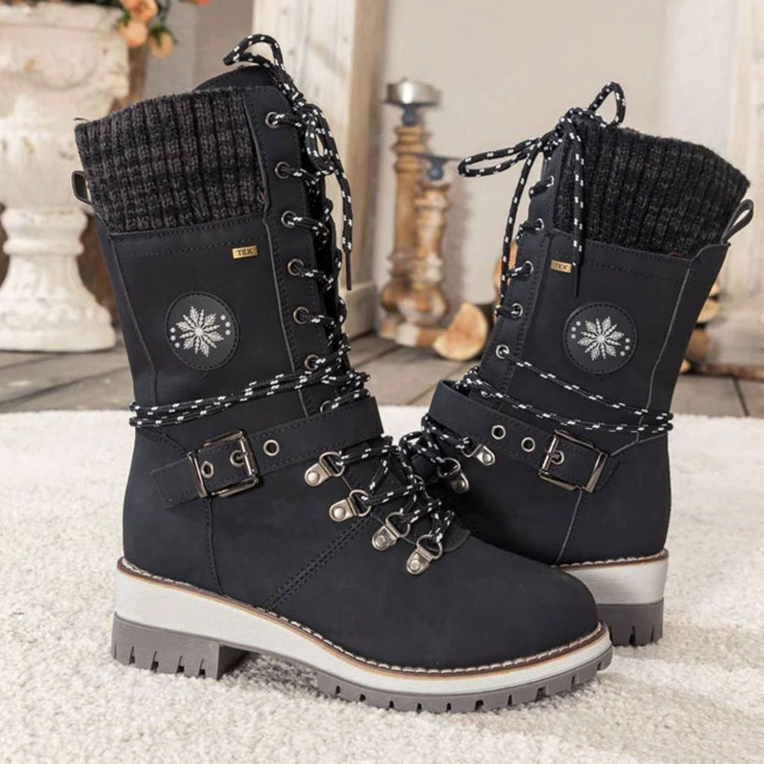 Women's Knee-High Lace-Up Snow Boots Knit Cuff Buckle Strap