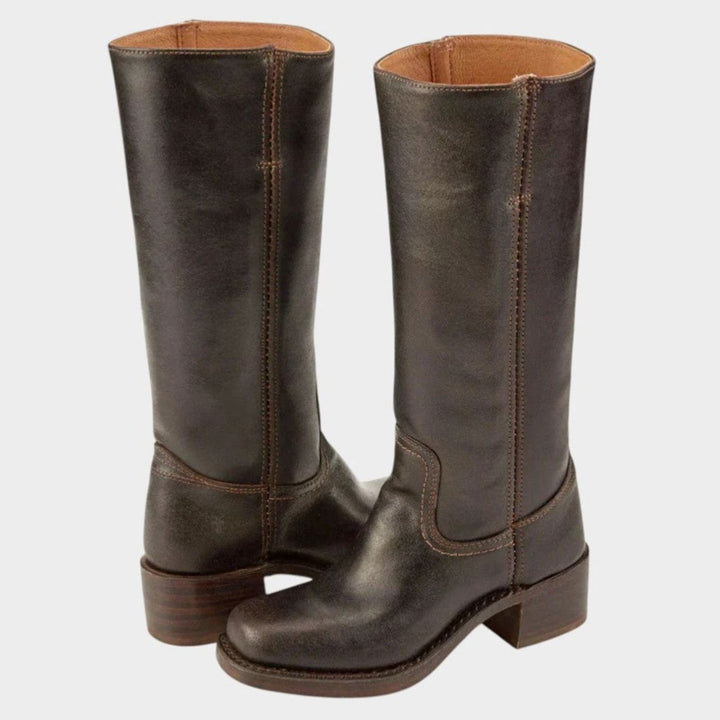 Women's Knee-High Riding-Inspired Block Heel Leather Boots - Dark Brown