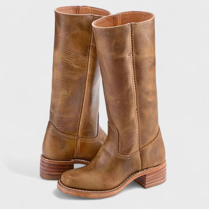 Women's Knee-High Riding-Inspired Block Heel Leather Boots - Light Brown