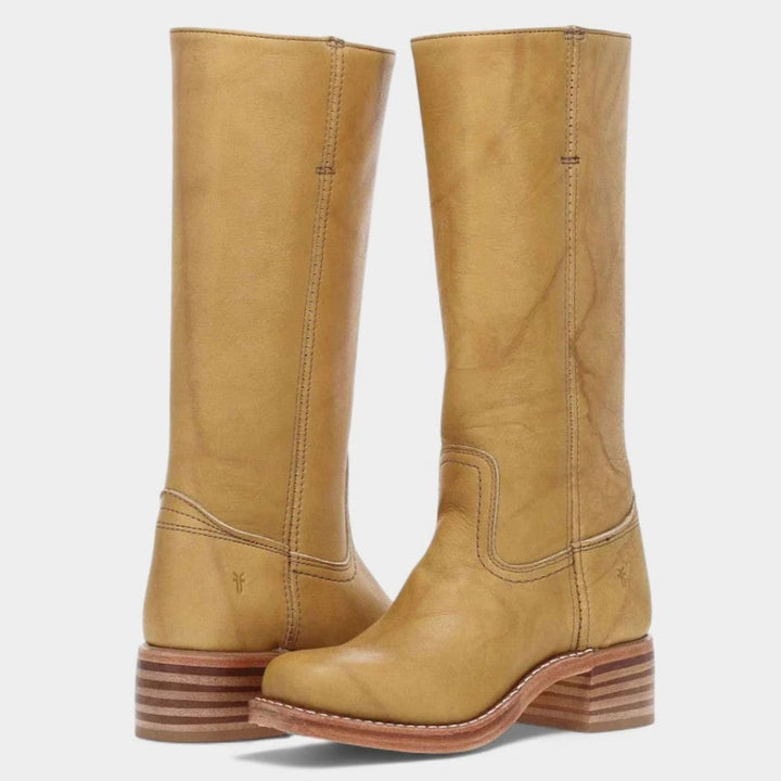 Women's Knee-High Riding-Inspired Block Heel Leather Boots - Yellow