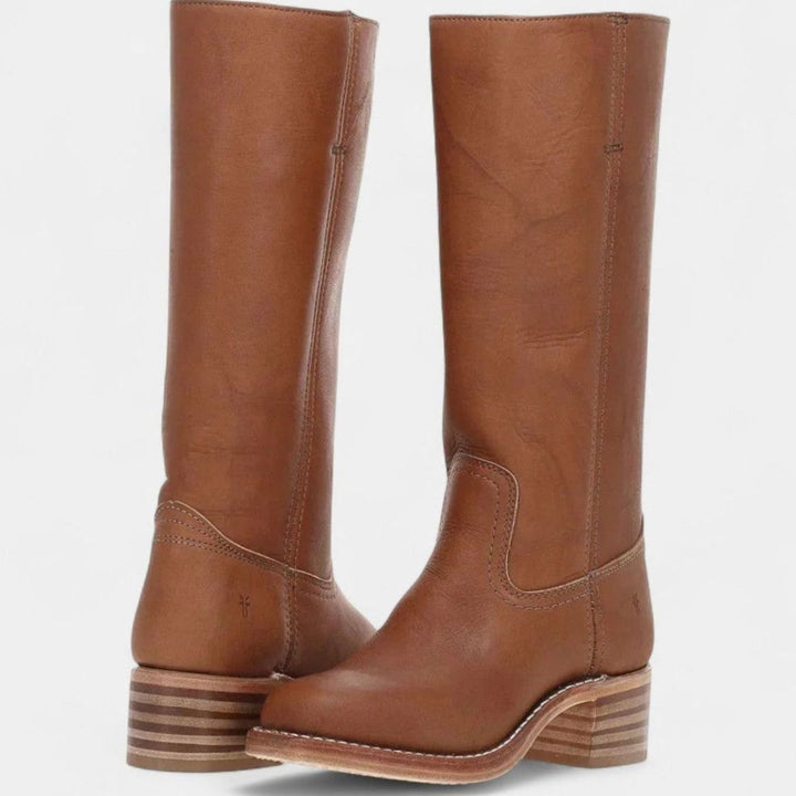 Women's Knee-High Riding-Inspired Block Heel Leather Boots - Brown