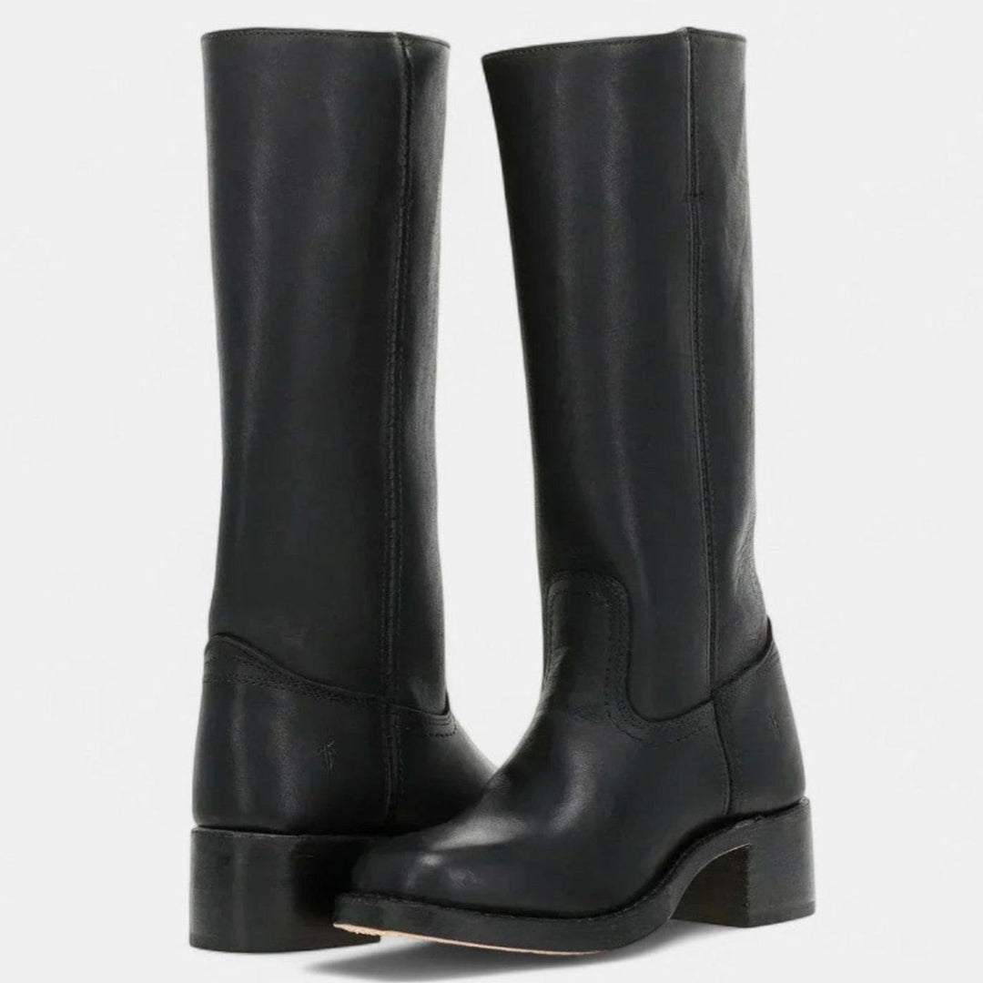 Women's Knee-High Riding-Inspired Block Heel Leather Boots - Black
